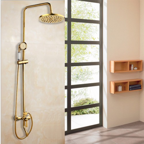 Golden Shower Faucet Set Round Heads Rainfall Spout Wall Mounted Brass
