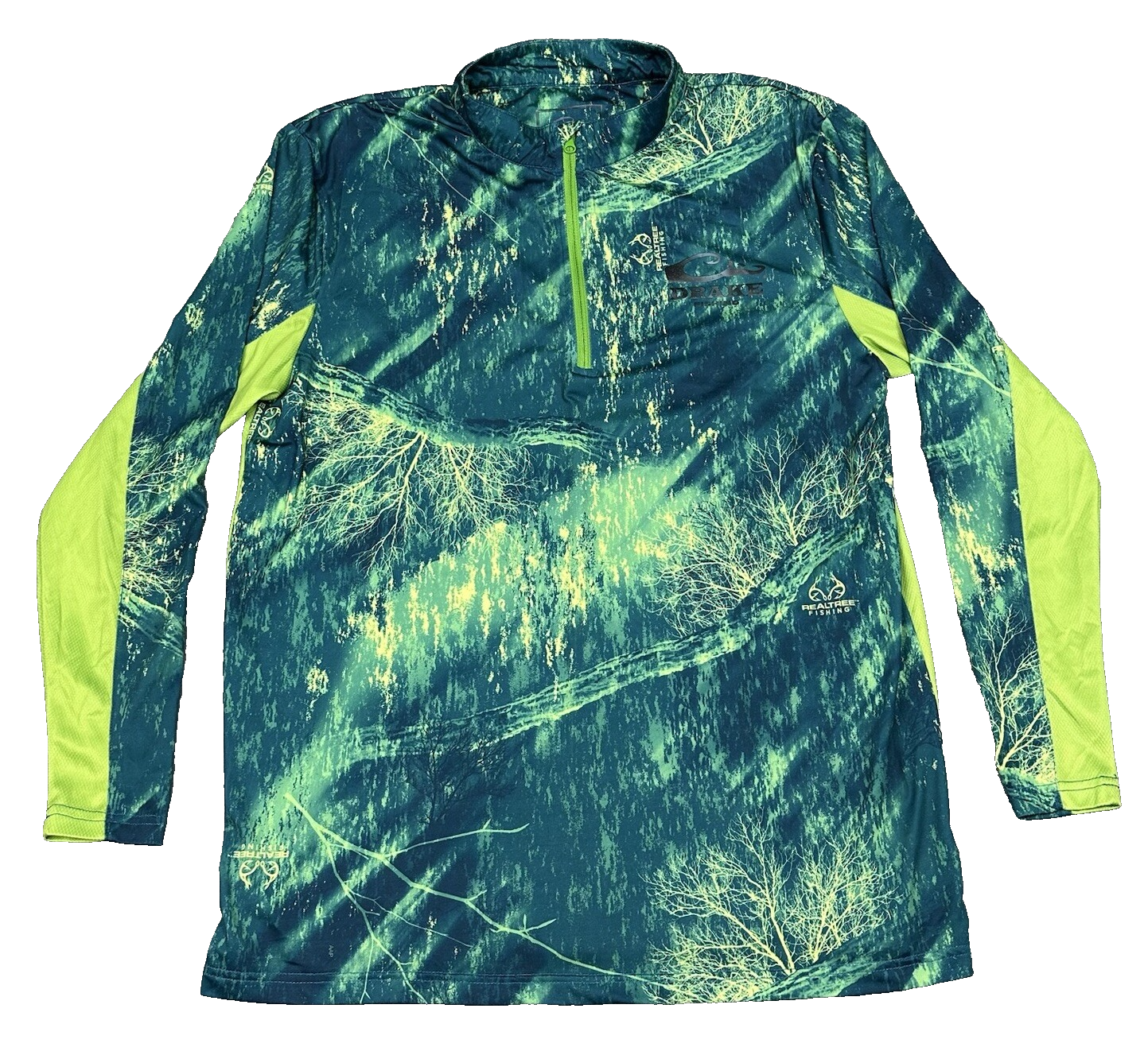 Drake Fishing Shirt Mens Large Green Realtree Camo 1/4 Zip Pullover Stretch