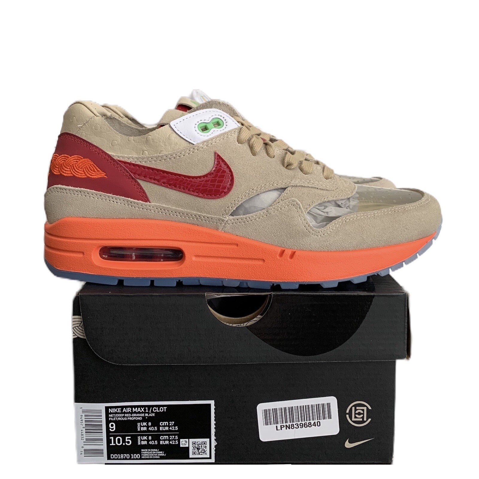 Size 9 - Nike x CLOT Air Max 1 Kiss of Death 2021 DD1870-100 atmos HUF Patta
