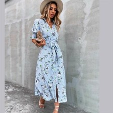 ZARA BLUE & WHITE STRIPED FLORAL PRINT BELTED SHIRT DRESS SIZE XS