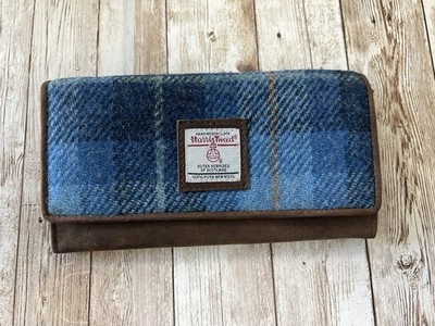 Harris Tweed Scottish Women's Envelope Purse with Snap Closure Blue Plaid