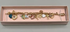 Vintage Kirks Folly Heart & Key Charm 6.25” Bracelet Enamel Rhinestone Gold Tone