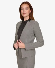 Calvin Klein Houndstooth Blazer Open Front Leather Collar Size 8P Black MSRP 159