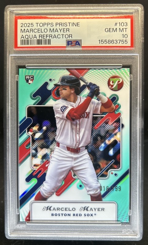 2025 Topps Pristine Marcelo Mayer RC Aqua Refractor Rookie #/199 Red Sox PSA 10