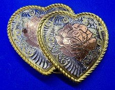 Dual Hearts Shaped Belt Buckle with Mixed Metal Making Flower Centerpiece W USA