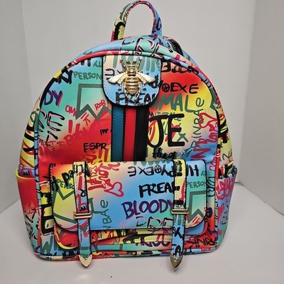  Graffiti Queen Bee Stripe Accent Mini Backpack Fashion Mulit Purpose 