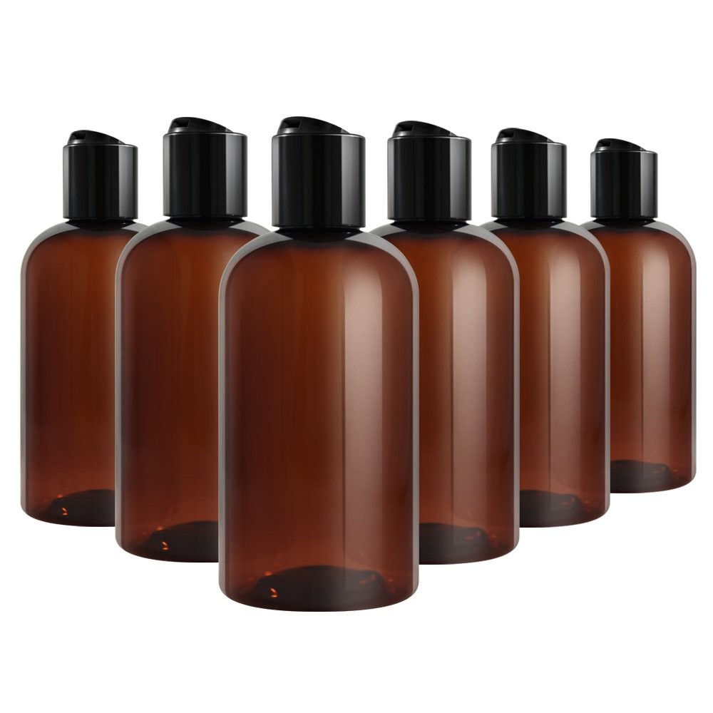 Amber Plastic Boston Bottle (BPA Free) with Black Disc Lid, 