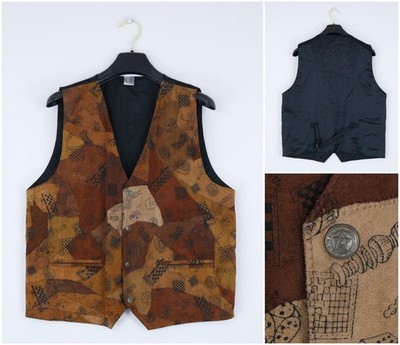 Mens Suede Leather Vest Large Size US 42 Chess Figures Pattern Dress Waistcoat