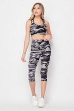 2 Piece Charcoal Camouflage Crop Top and Capris Set Charcoal S/M