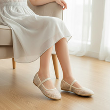 Girls Art Class Faye Mesh Ballet Flats Beige Rhinestones Size 1 Dress Shoes