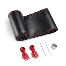 Genuine Leather Steering Wheel Cover, Stitch On Wrap, 15 Black with Red Thread