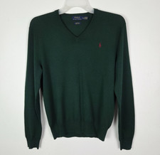 Polo Ralph Lauren Sweater Mens Medium Green Merino Wool V Neck Knit Pullover