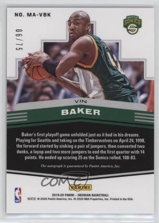 2019-20 Panini Obsidian Matrix Electric Etch Purple /75 Vin Baker #MA-VBK Auto - Image 2 of 2