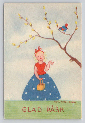 Cronberg Glad Pask Happy Easter Sweden Postcard  Girl Feeds Bluebird in Tree