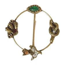 Vtg Victorian Revival Goldette Circle Pin Bee, Snake, Flower, Leaf  Brooch