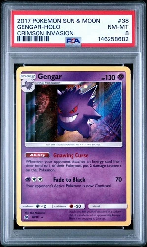 PSA 8 Gengar Holo Sun And Moon Crimson Invasion Pokemon Card 38/111 Near Mint