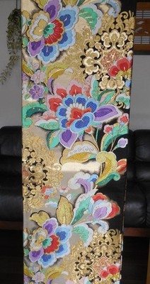Kids Kimono Obi Black Silk Flower & Arabesque Gold Thread Belt