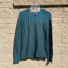 Eddie Bauer Cable Knit Hooded Green Pullover Sweater Medium Heritage Outdoors