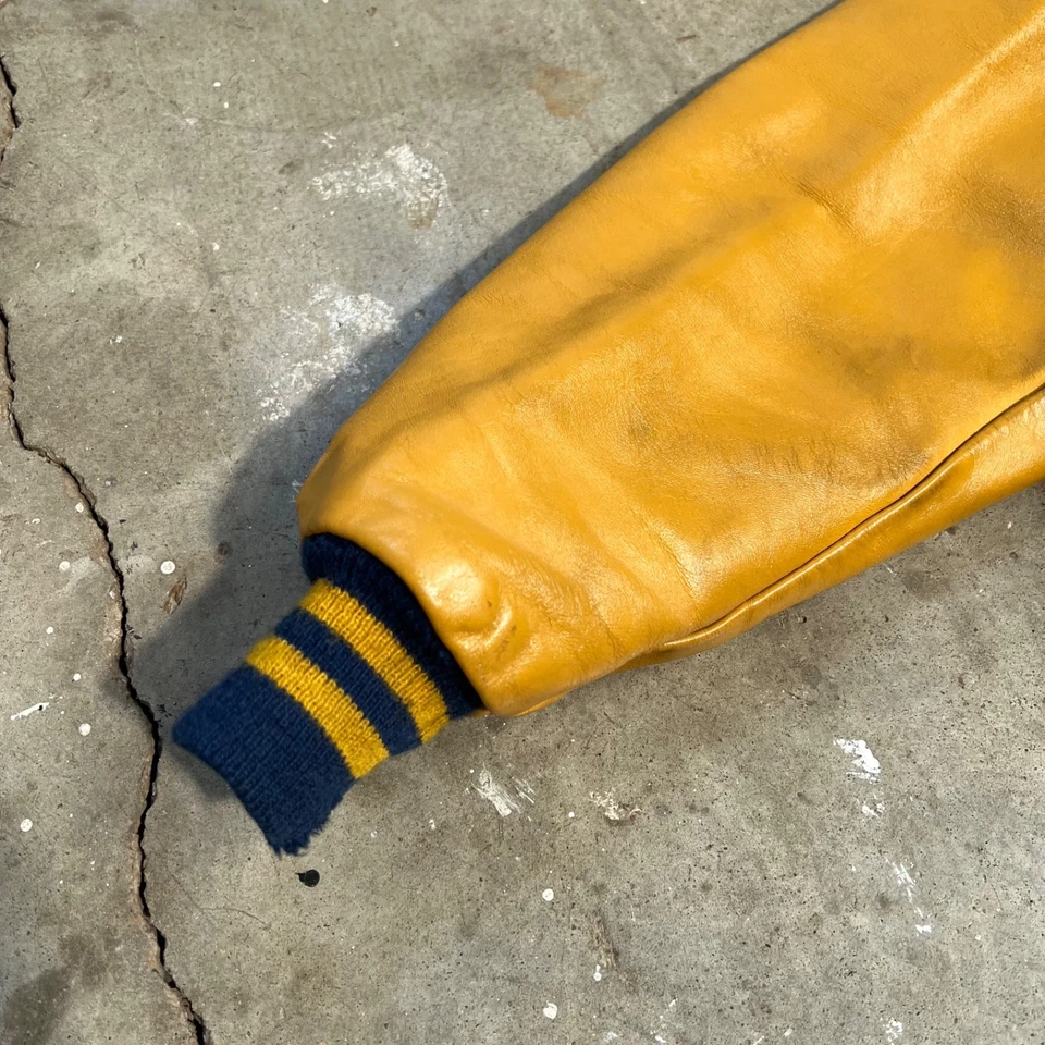 Vintage 80s DeLong Letterman Varsity Jacket Size 38 Navy Wool & Gold Leather - Image 2 of 4