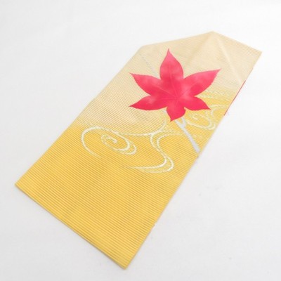 Japanese Kimono Nagoya Obi Summer Silk Running water pattern on maple Yellow