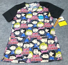 Peanuts Tooniforms "Love Stinks" XXS V-Neck Scrub Top Lucy Snoopy Print Black