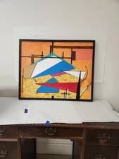 Vintage Abstract Cubist Figural Mixed Painting Mid Cenury Modern Art 