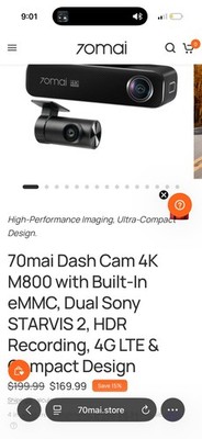 70mai Dash Cam 4K M800 with Built-In eMMC, Dual Sony STARVIS 2, HDR Recording 4G