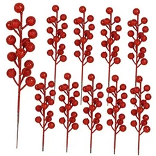  24 Pack 8 Inch Christmas Glitter Faux Winter Berry Sprigs, Artificial Red-2
