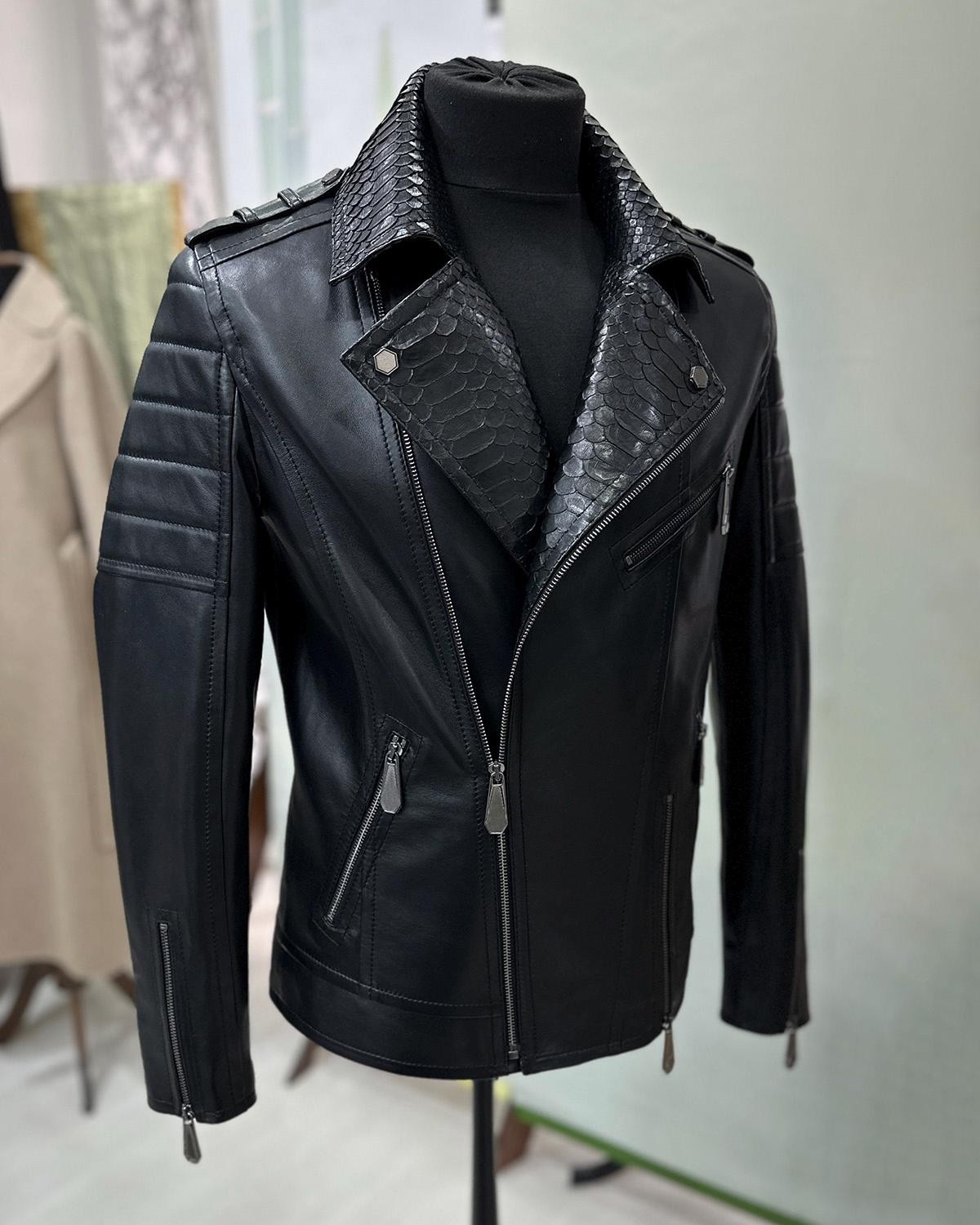 Men's Real Python Skin Trim Genuine Leather Black Luxury Motorcycle Biker Jacket image 3