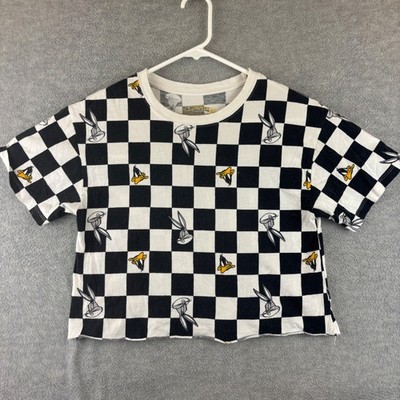Looney Tunes Bugs Bunny Daffy Duck Checkerboard Crop Top Pajama Shirt Womens M