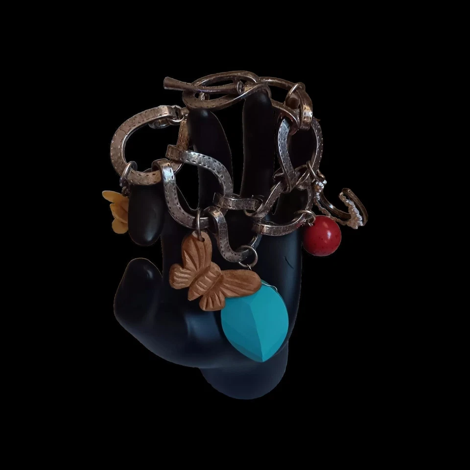 Lucky Brand Signed Silver Tone Horseshoe Shape Links Wood Acrylic Charm Bracelet - Image 2 of 4