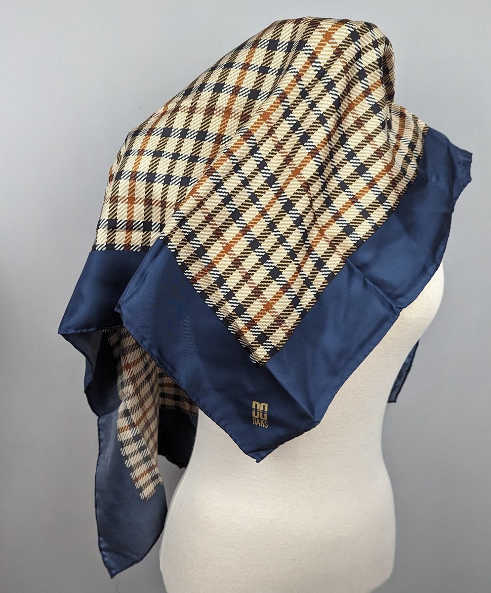 ◇DAKS◇ [SILK100%]Navy check flower diamond silk scarf DCSC Daks 100% Silk Blue Beige Checked Scarf | eBay
