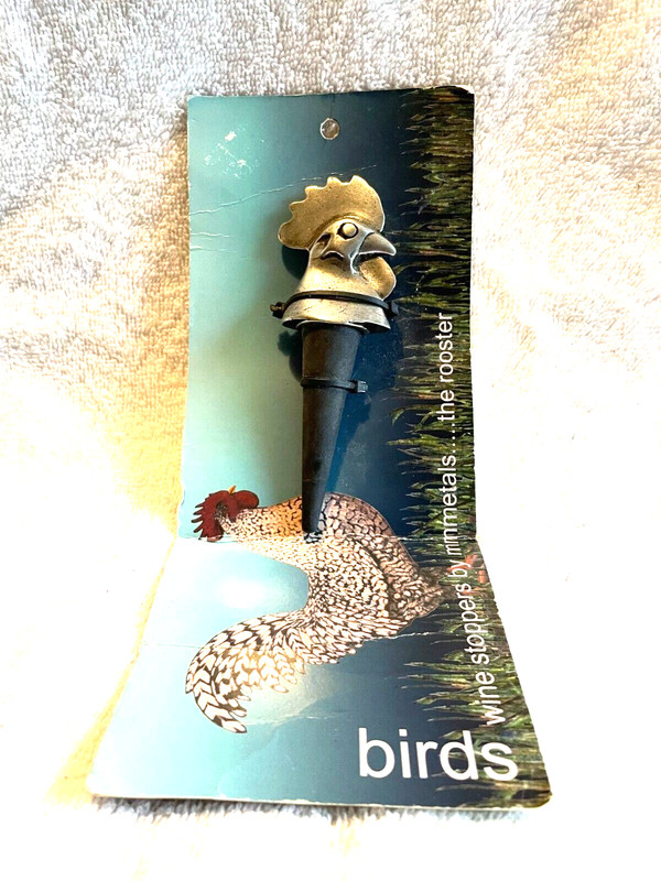 VINTAGE BARWARE WINE STOPPERS BIRDS ROOSTERS PEWTER MM METALS CANADA NOS (1)