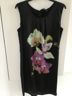 comma sommerkleid satin 40 schwarz blumen orchideen print boho blogger business