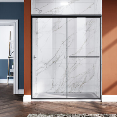 ELEGANT Double Sliding Shower Doors Enclosure Semi-Frameless Matte Black Finish