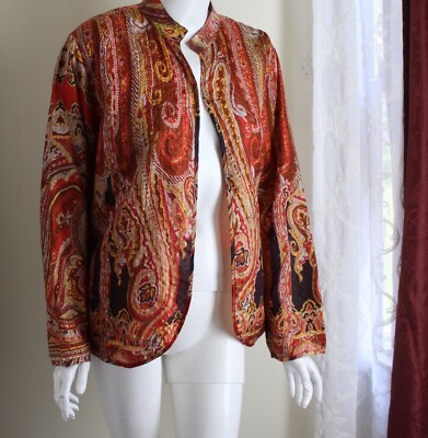So Cool Chico's Sz 2 L 100% Silk AMAZING Kashmiri Paisley Quilted Topper Jacket
