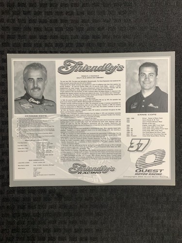 SIGNED Derrike Cope #37 - Friendly's Racing 10x8" Racing Promo Card FVF 7.0 - Picture 2 of 2