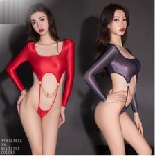 Women Glossy Shiny Long Sleeve Leotards Jumpsuit Hollow Out Bodysuit Metal Chain