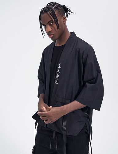 Niepce Black Streetwear Kimono Tee Japanese Kanji Samurai Short Sleeves T-Shirt - 第 4/10 張圖片