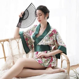 Sexy Japanese Kimono Lingerie Floral Silky Bathrobe Nightdress Costume Cosplay