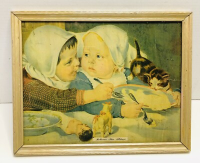 Vintage Antique Art Print Children & Cat at Dinner Table  Between Two Thieves 
