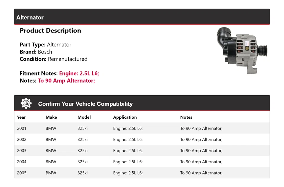 Alternador Bosch (Remanufaturado) 2002 2003 2004 para 2001-2005 BMW 325xi 2.5L L6 - Imagem 2 de 4