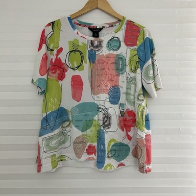 Ali Miles Top Size Petite L Short Sleeve Pocket Art to Wear Pullover Slit Sides