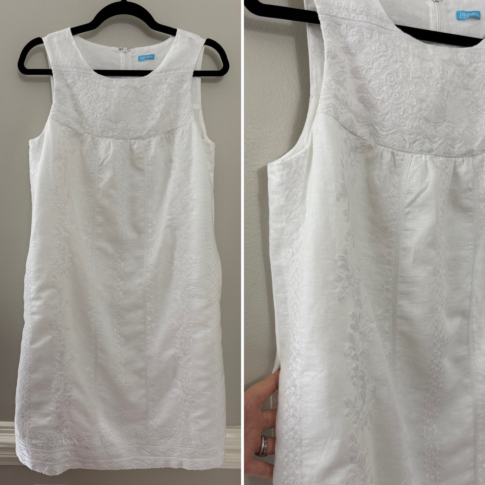 J. Mclaughlin Coastal Preppy Classic White Embroidered Linen Blend Shift Dress M