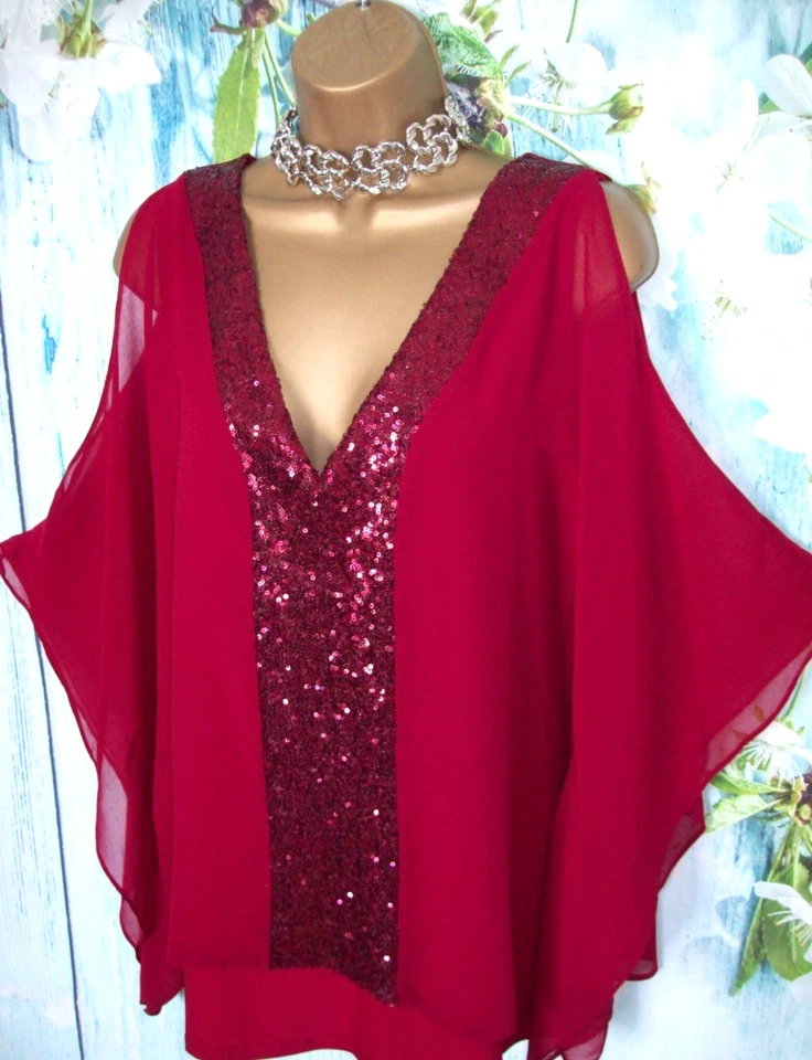 WALLIS KIMONO TOP L 16/18, Stunning Berry Red Sequin Chiffon Overlay Occasion - Image 4 of 4