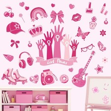 wondever Pink Girl Power Wall Stickers Pink Heart Girl Room Butterfly Bow Kno...