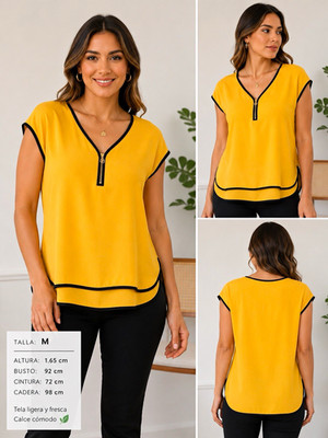 Carmen Yellow/Black Women s M Solid V-Neck Zip Front Sleeveless Blouse