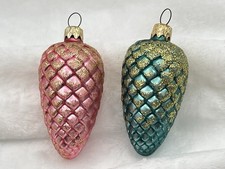 West Germany Blown Glass 2 Pinecone Christmas Ornaments Glitter Frost Vibrant