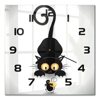 Stilvolle Glas-Wanduhr Glasuhr Aus Glas Katze Und Maus Schwarze Zeiger 30X30 Cm