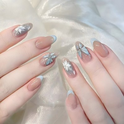 24pcs Semi Handmade Blue Butterfly Ombre False Nails ABS Material French Design